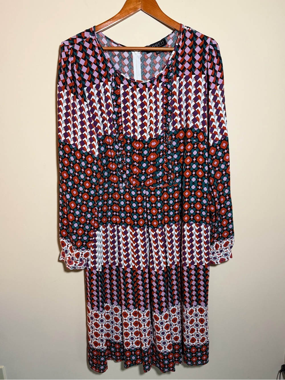 Eloquii Size 18 Boho Geometric Dress Ruffle Long Sleeve Viscose Flowy